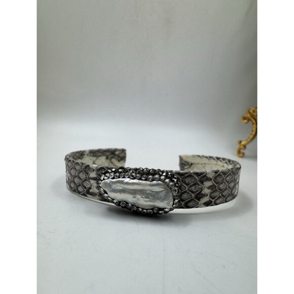 Snake Skin Baroque Pearl Marcasite Thin Cuff Bracelet Pretty Bracelet For Ladies - Picture 9 of 10